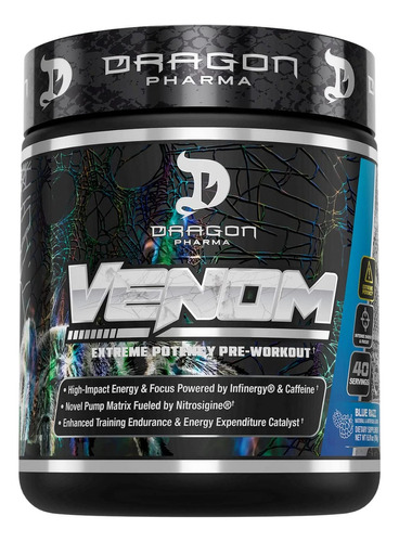 Pre Entreno Dragon Pharma Venom 40 Servs Extrema Potencia Sabor Blue raspberry