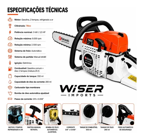 Motoserra A Gasolina 78cc Sabre 20 55cm Nakasaki Nk7800pro