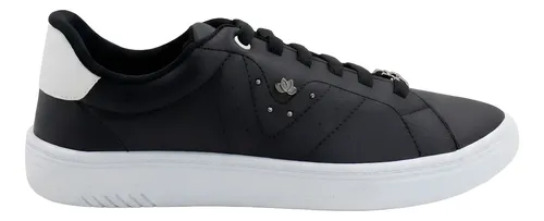 Tênis feminino Sandrini Ellyse preto com detalhes em branco e brilhos laterais, vista lateral