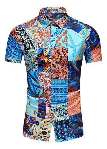 Moda Camisa Hombre Camisa Manga Corta Botones Camisa Azul