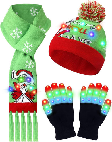 Eurzom 3 Piezas Gorro Navidad Con Luz Led Conjunto Guantes