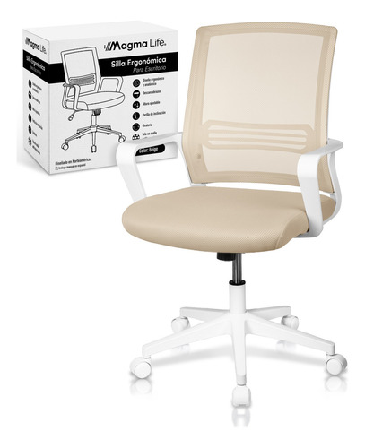 Magma Life Silla Ergonómica de Escritorio con Respaldo de Malla Transpirable, Moderna y Elegante, Silla Giratoria con Soporte Lumbar y Cómodos Descansabrazos (Beige Champagne)