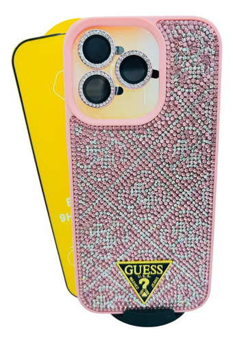 Funda Lujo Brillos + Mica Cristal Para Iphone 16 Pro Rosa Lujo