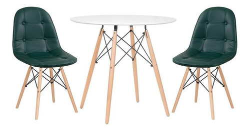 Kit Mesa Jantar Eames Wood 80 Cm 2 Cadeiras Estofada Botonê Cor Mesa branco com cadeiras verde escuro