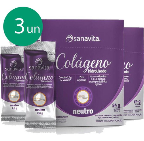 Kit 3 Colágeno Hidrolisado Verisol Sanavita Neutro 30 Sachê