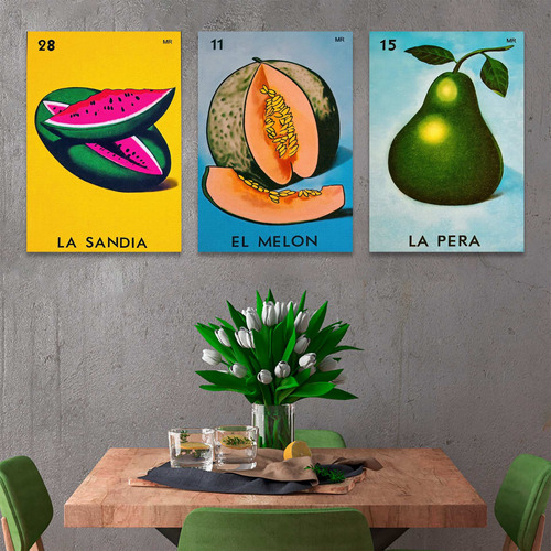 Cuadros Lotería Frutas Comedor Cocina Restaurante 45cm Set 3