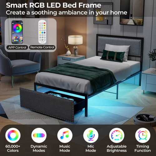 Base De Cama Con Cajon Y Luez Led Gris Listones Gpl