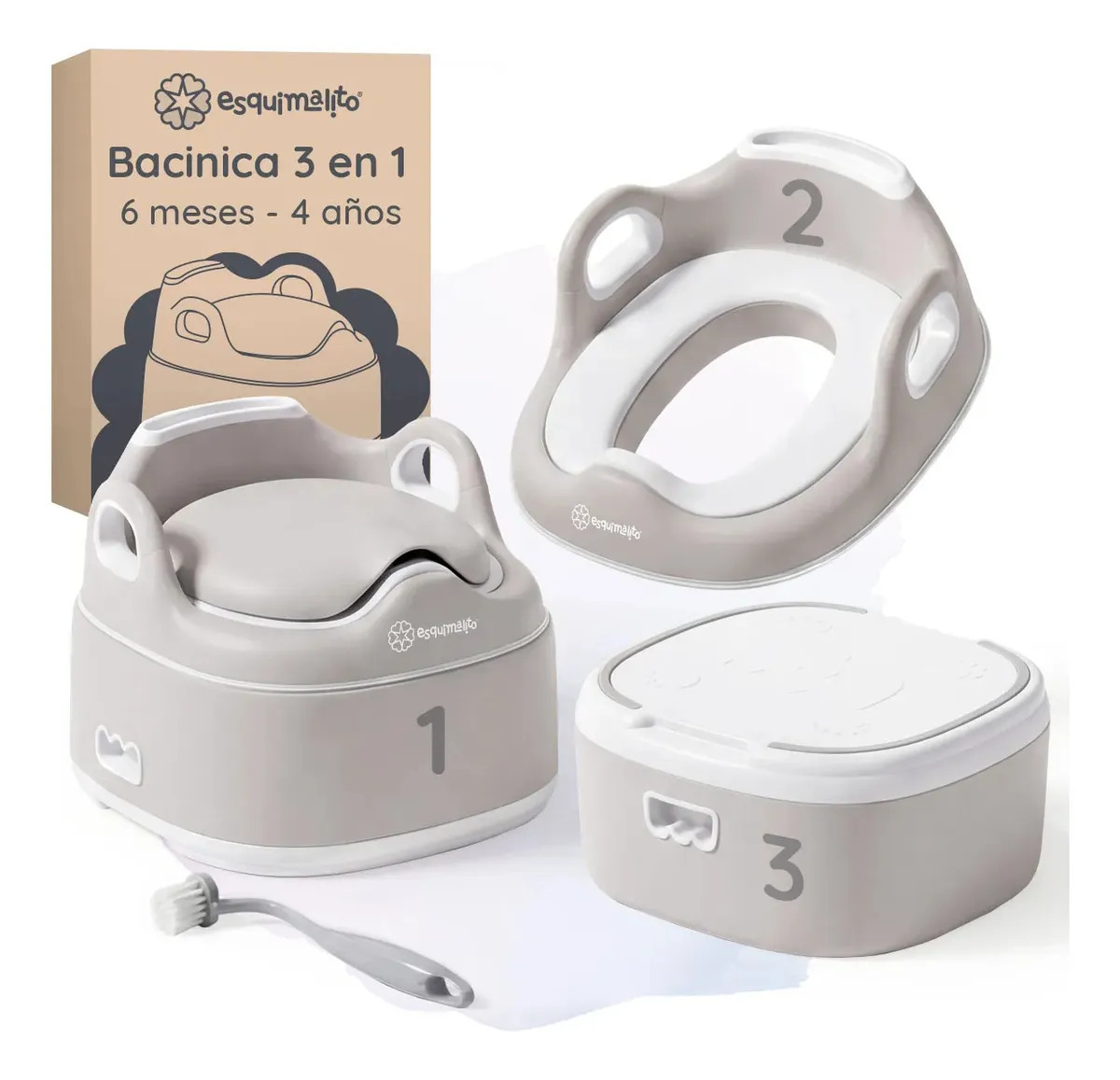 Imagen de Bacinica 3 En 1 Para Niños Esquimal, Asiento Entrenador Para Tasa De Baño Portátil , Bañito Antideslizante, Inodoro Infantil De 6 Meses A 4 Años Beige