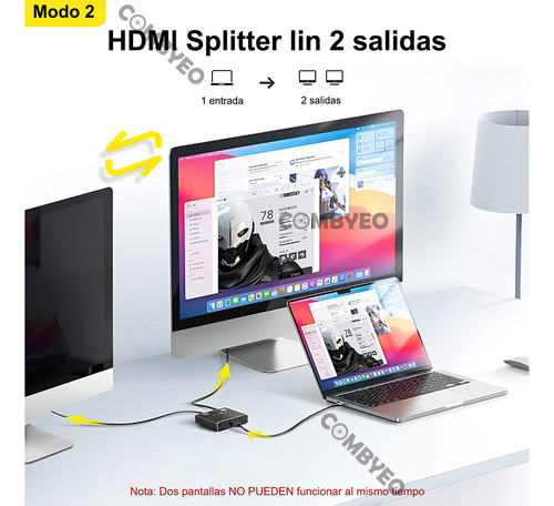 Combyeo Switch Hdmi Splitter Hdmi Switch Splitter Hdmi 4k 3d 2 En 1 Bidireccional Calidad De Imagen 4k 60hz Conmutador Negro
