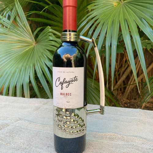 Porta Vino / Sujeta Botella Aro De Alpaca Con Hueso De Chivo Uvas