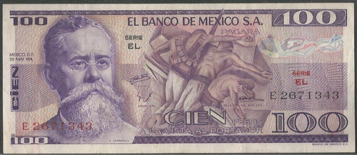 Imagen 1 de 2 de Mexico, 100 Pesos 30 May 1974 Serie El P66a