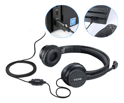 Auriculares Eksa H12e Usb + Micrófono Y Cancelación De Ruido Color Negro
