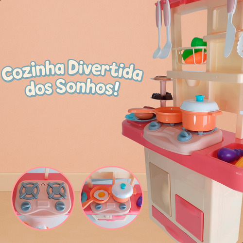 Cozinha De Brinquedo Petipetá Infantil Com Som E Luz Rosa 27 Peças Com Geladeira Pia Som Luz Kit Chef Miniatura Cesta Fast Food Panelinhas Batedeira Utensílios Piquenique Brincar Lavanderia Comidinha