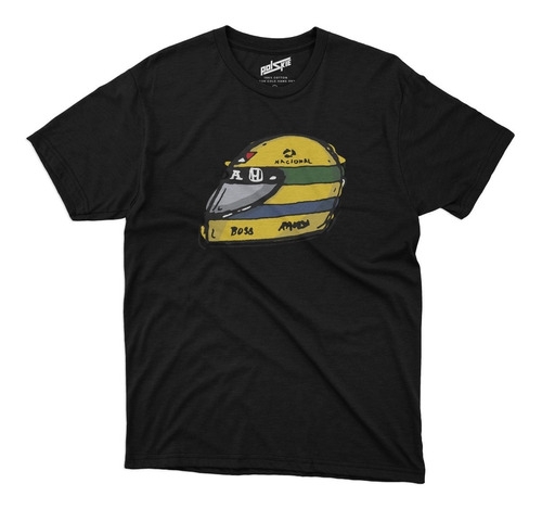 Remera Formula 1 Ayrton Senna Casco Dibujo Algodon Negra