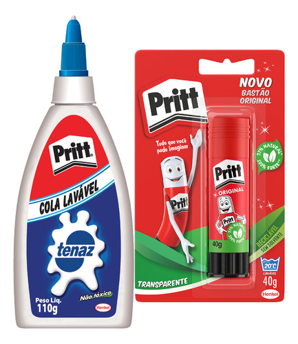 Cola Bastão Pritt 40g + Cola Branca Tenaz 110g Lavável