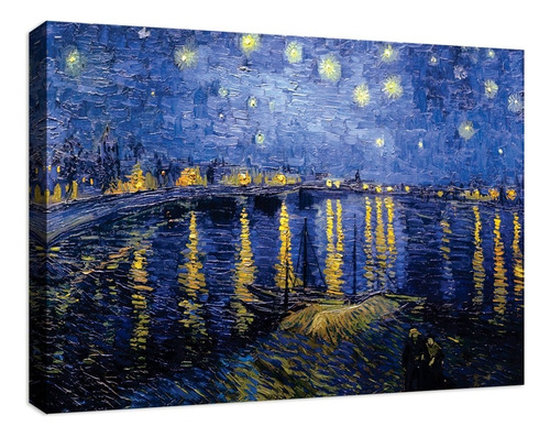 Cuadro Decorativo Canvas Coleccion Vincent Van Gogh 60x45 Color Sobre El Ródano Noche Estrellada Armazón Natural