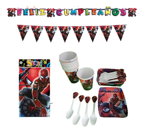 Kit Deco Completo Vasos+platos Spiderman Hombre Araña12niños