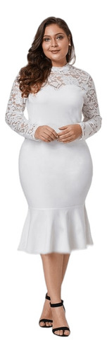 Vestido Midi Branco Manga Longa Renda Casamento Civil Noiva 