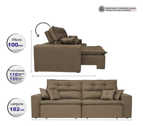 Sofá Cairo 1,82m Retrátil, Reclinável Tecido Suede Castor Cama inBox