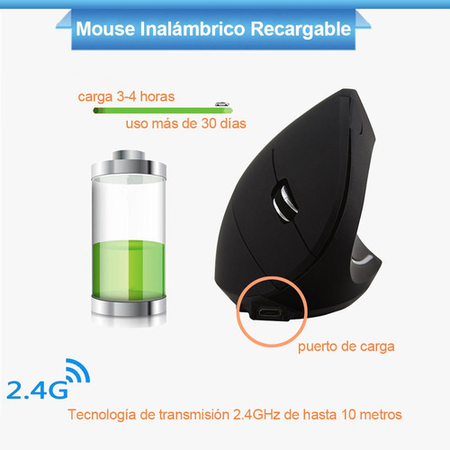 Imagen 3 de 7 de Mouse Inalámbrico Ergonómico Recargable Con 6 Botones 3 Dpi