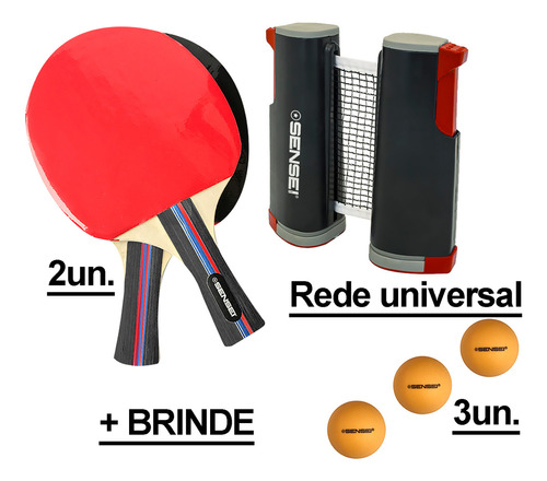 Kit Ping Pong Sensei C 2 Raquetes Tênis De Mesa Profissional Cor Vermelho/Preto Lisa Rede