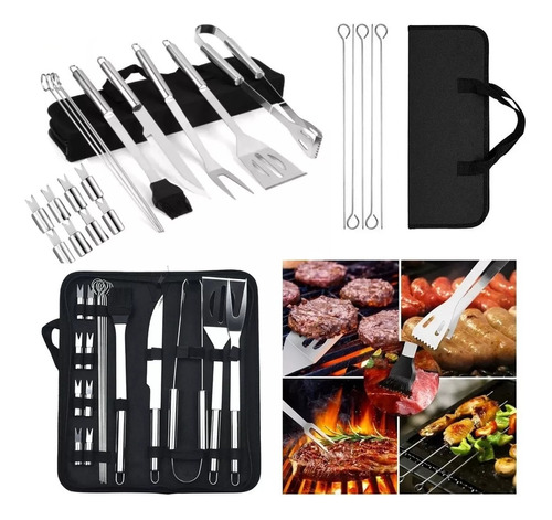 Set De 20 Utensilios Para Asador Carne Acero Inoxidable