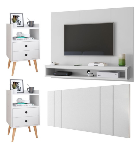 Kit 2 Mesa Cabeceira 1.4 Painel Prateleira Tv 50 Pol Quarto Cor Branco