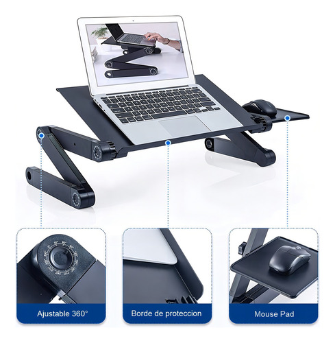 Mesa Ajustable Portátil Multiuso Laptop Table T8 Ventilación Color Negro