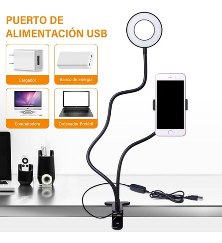Imagen 5 de 7 de Aro De Luz Led Con Soporte Flexible Ajustable Para Celular