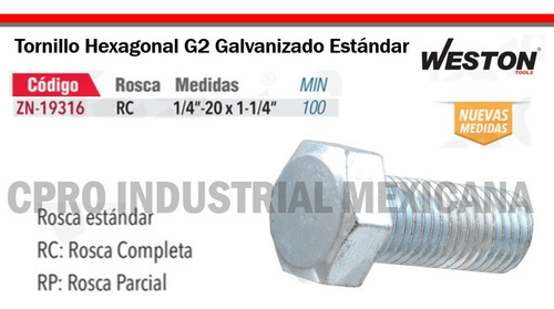 100 Tornillos G2 Galvanizado 'rc' 1/4-20 X 1-1/4