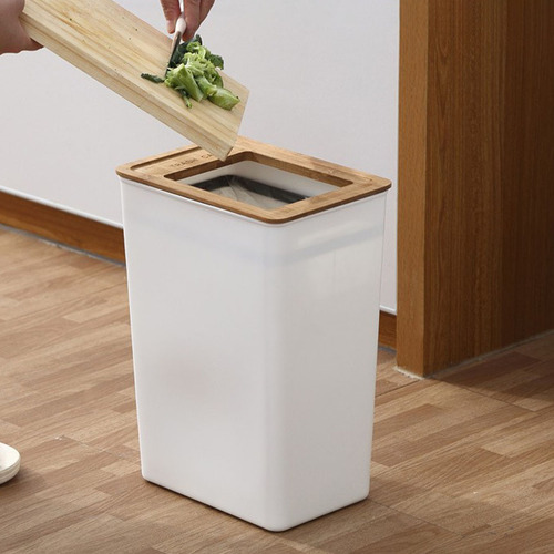 Bote De Basura De Cocina Con Tapa De Bambú