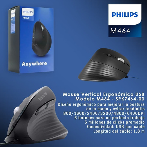 Imagen 4 de 7 de Mouse Vertical Philips M464 Cable Usb 6400dpi Pc Notebook