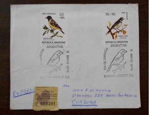 Sobre Sellos Postales Pajaros Sobrecargo Argentina 1974