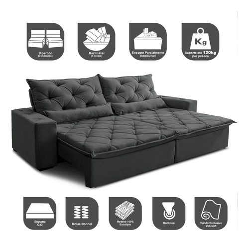 Cama inBox Lisboa 2,12 Sofá Cinza Liso