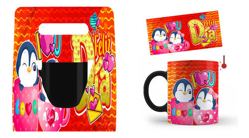 Kit Caja, Taza Mágica, Pingüinos, Tacita, Feliz Dia, 11oz