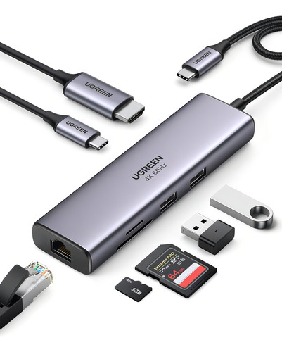 Adaptador Hdmi Hub USB C 7 en 1 4k 60 Hz Rj45 Dex Sd Pd 100 W Ugreen 60515 Color Gris