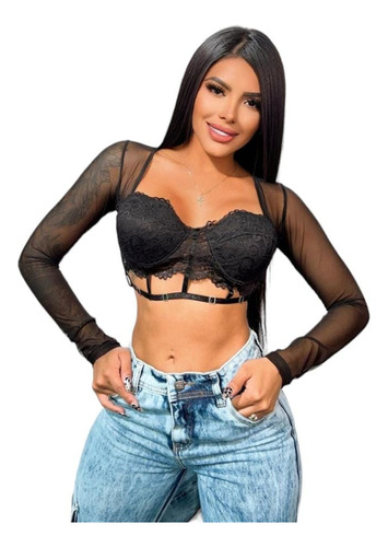 Blusa Corta Negra Para Dama Croptop De Encaje Sexy 