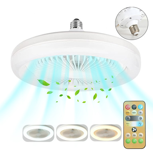 Ventilador De Techo Con Luz Lámpara 3 Colores Cm-top Aspas Plástico 3 Velocidades Del Viento Control Remoto Diámetro 26 Cm Estructura Blanco