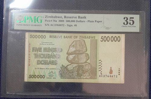 Billete De 500.000 Dolares Certificado. De Zimbawe.  