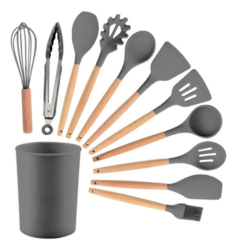 Kit 12 Utensílios De Cozinha Em Silicone E Cabo De Madeira Cor Cinza-escuro