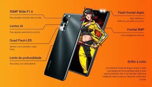 Smartphone Infinix Free Fire Limited Edition, 128GB, 6GB RAM, Câmera Tripla  até 50 MP, Bateria de 5000mAh, Tela 6,78” de 90Hz Full HD, Dual Chip –  Preto