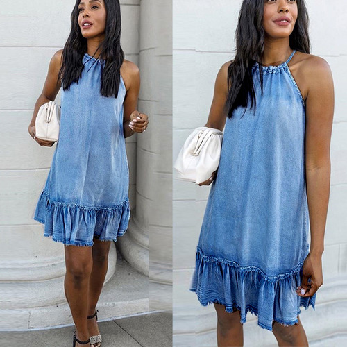 Vestido De Verano Con Cuello Halter De Mezclilla
