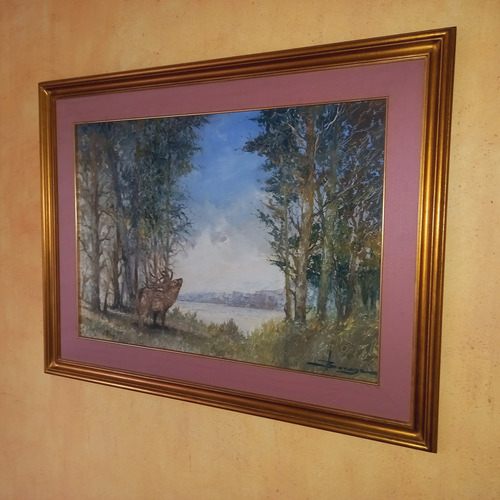 Cuadro Oleo Sobre Fibra Bosque Marco Dorado Decorar Miralo (Usado)