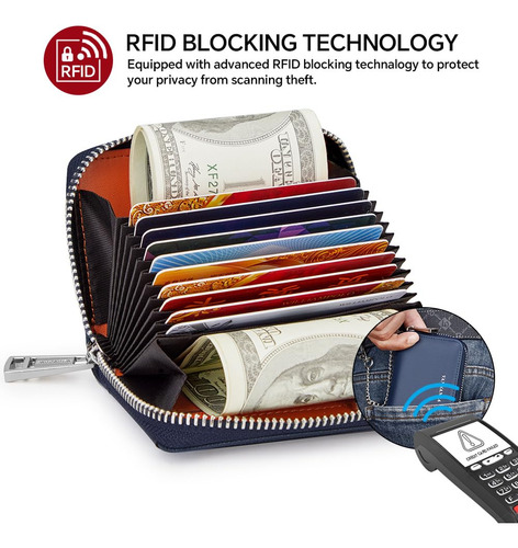 Cartera Cuero Genuino Azul Gran Capacidad Bloqueo Rfid