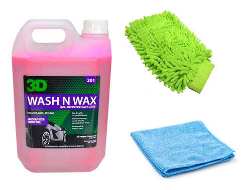Imagen 1 de 8 de Kit Lavado Auto Shampoo 3d Wash N Wax + Manopla + Microfibra