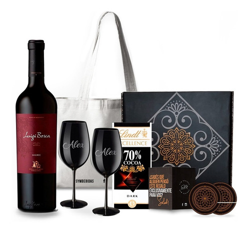 Box Vino Luigi Bosca Copas Negras Grabadas Chocolates Kit