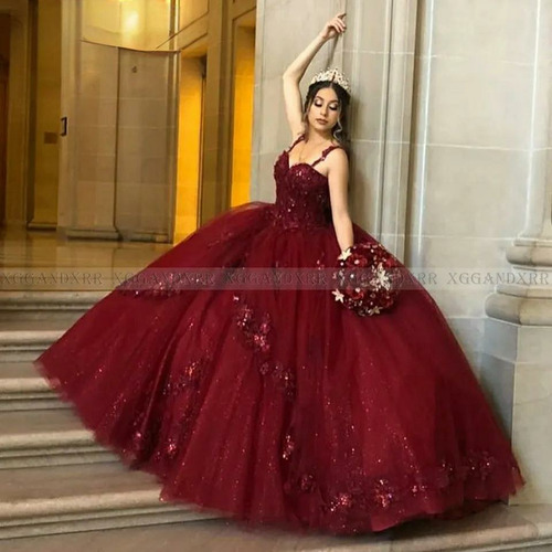 Vestido De Xv Quinceañera Vino Rojo Apliques De Flores