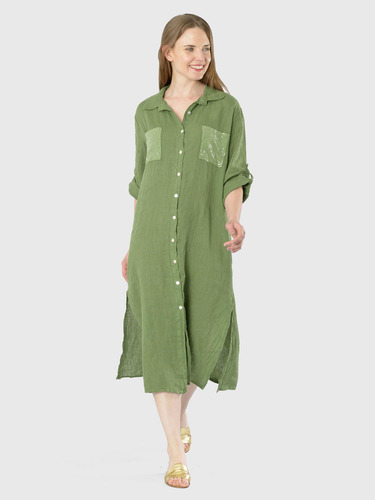 Vestido Lino Brillo Italiano Verde Militar