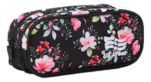 Set Mochila Escolar Carrito Con Lonchera Y Lapicera Flores Color Negro Diseño de la tela Estampado