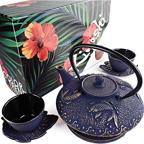 7pc Japanese Tea Set.'midnight Blue Koi' Cast Iron Te